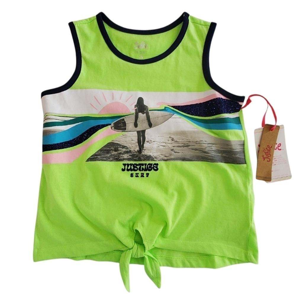 K1024 * Justice Girls Surf Graphic Tank Neon Green Navy Blue Size S (7/8) NWT